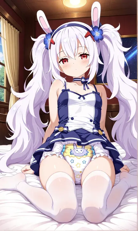 The rabbit girl is wearing white stockings and a diaper.