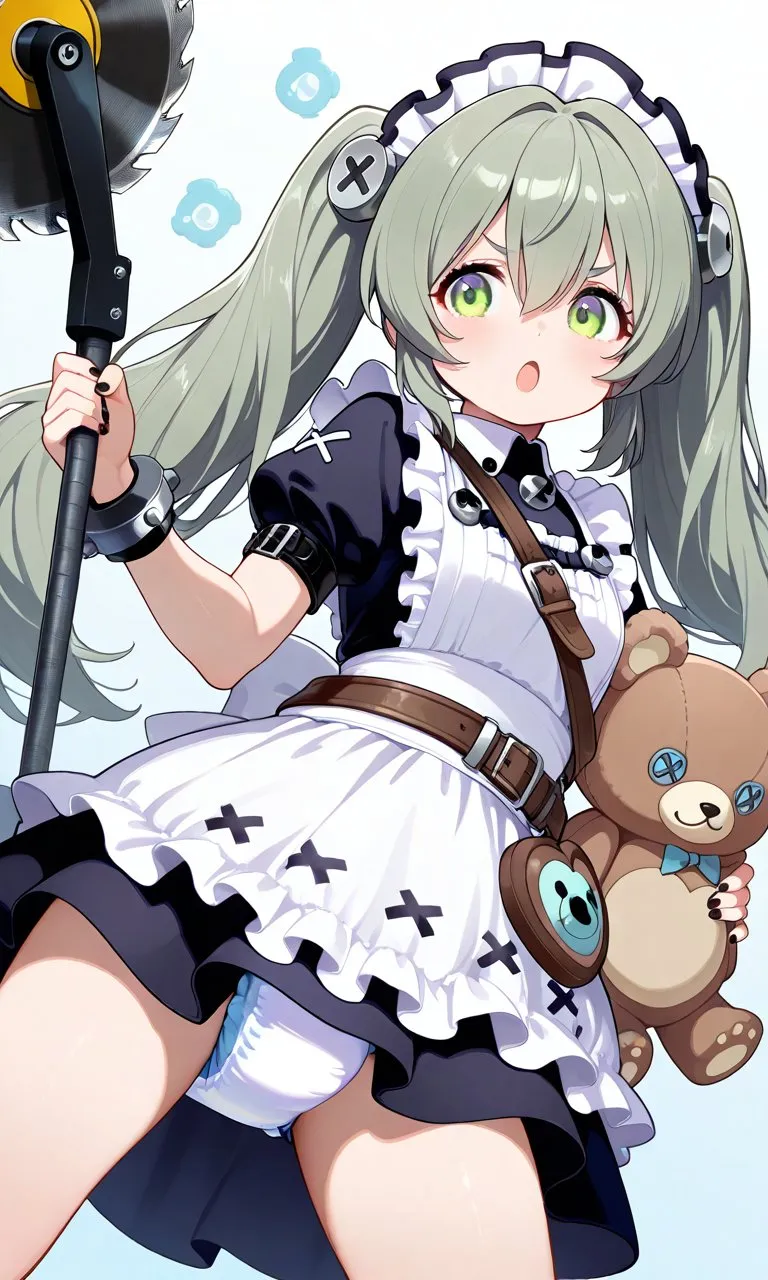 A diaper is visible beneath the skirt of a girl wielding a saw-bladed weapon.