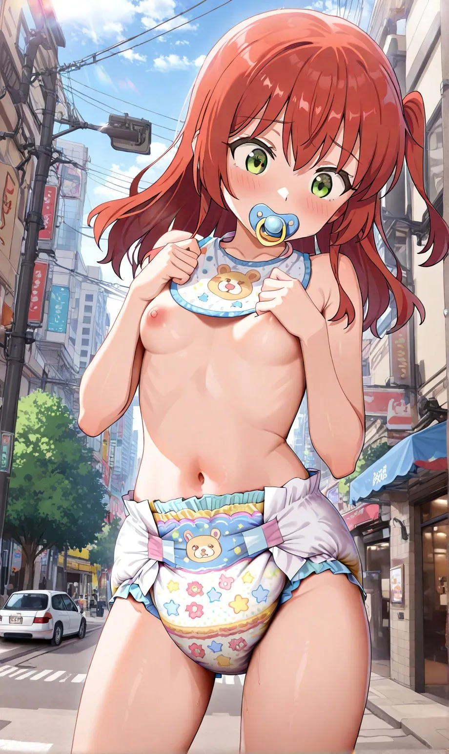 A girl exposing baby clothes and diapers on the street