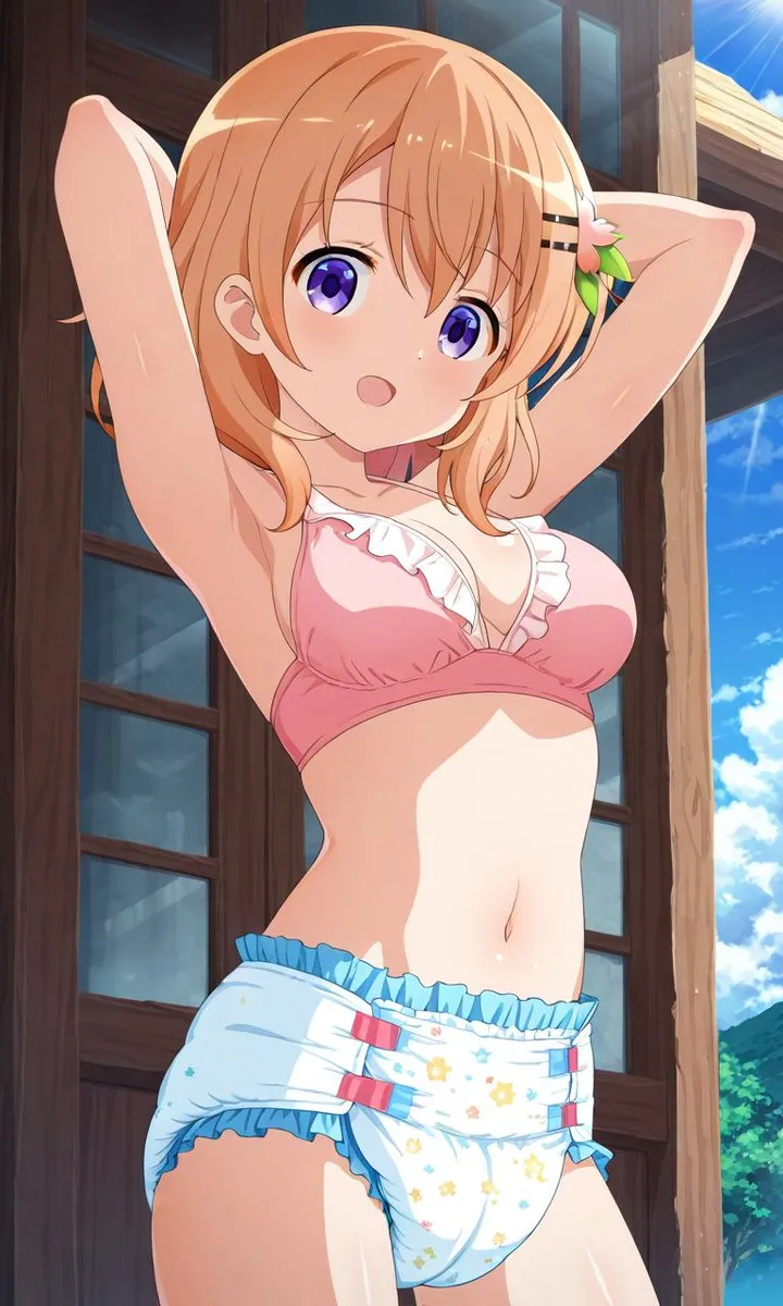 The girl wearing a diaper is exposing her armpit.