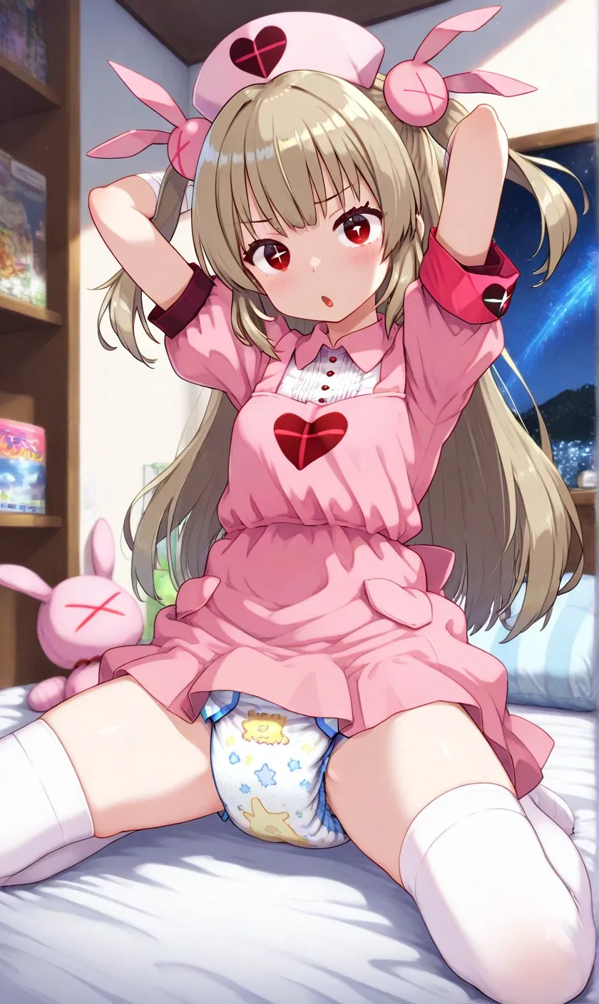 A calf wearing a nurse's uniform, white stockings, and a diaper
