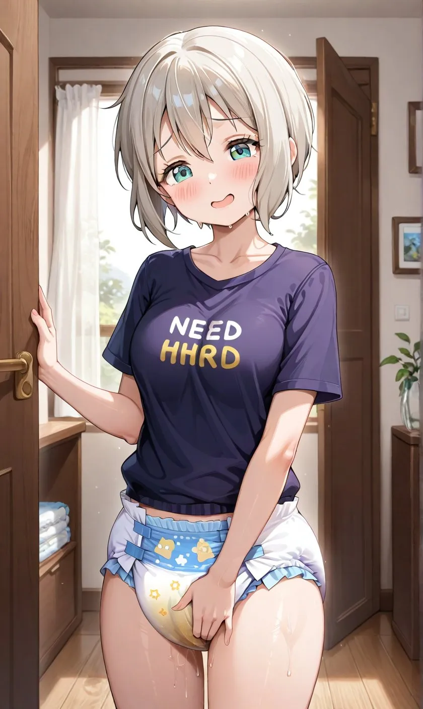 A girl wearing a soaked diaper, feeling embarrassed