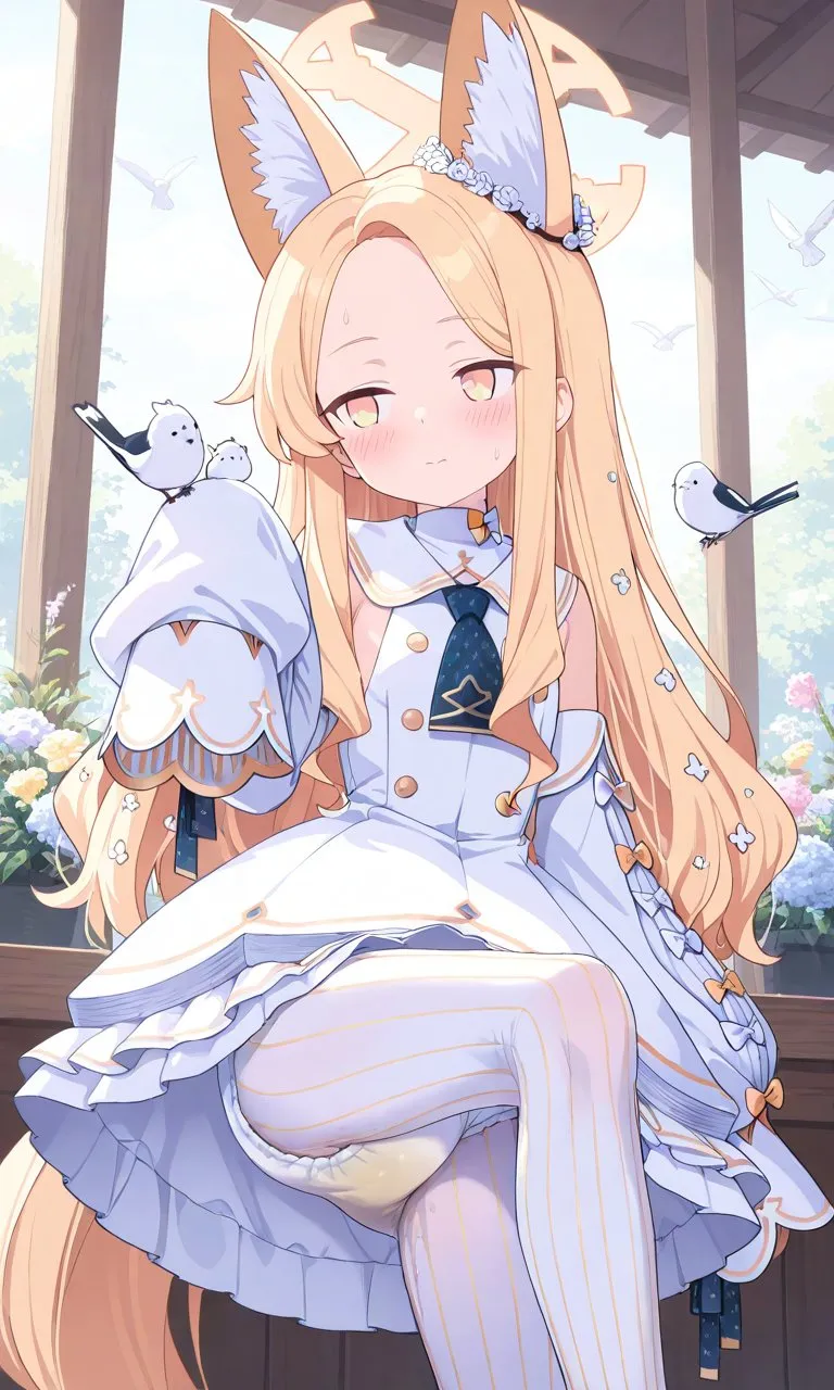 A girl wearing diapers over white stockings and having peed herself