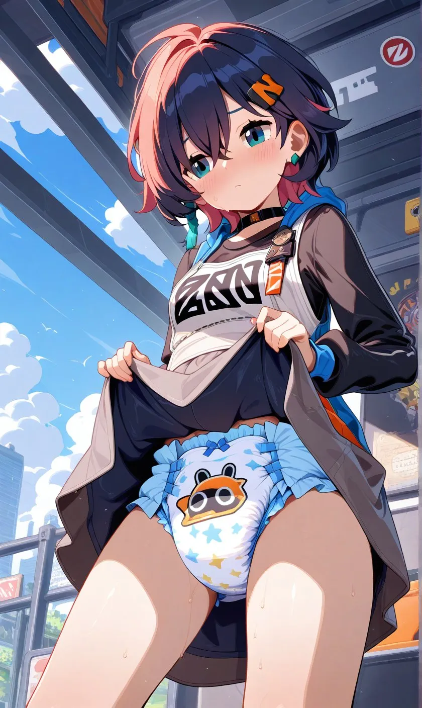 A girl lifting her skirt outdoors to show off her diaper
