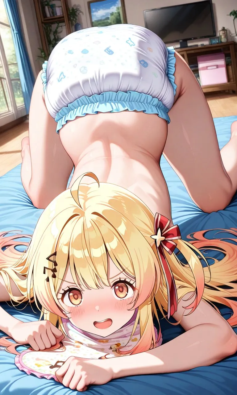 A girl in a doggy style position wearing a diaper