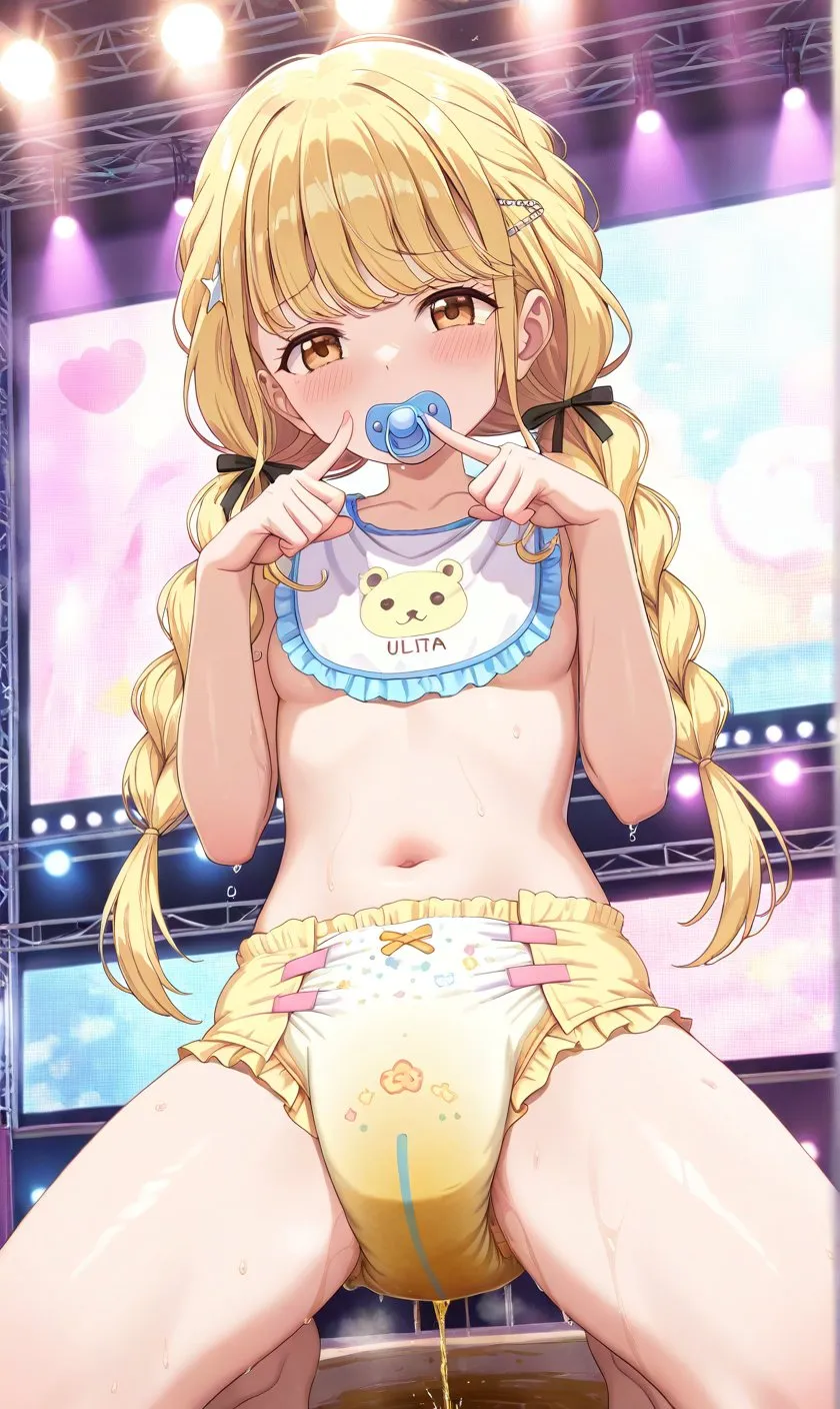 A girl peeing in her diaper on stage