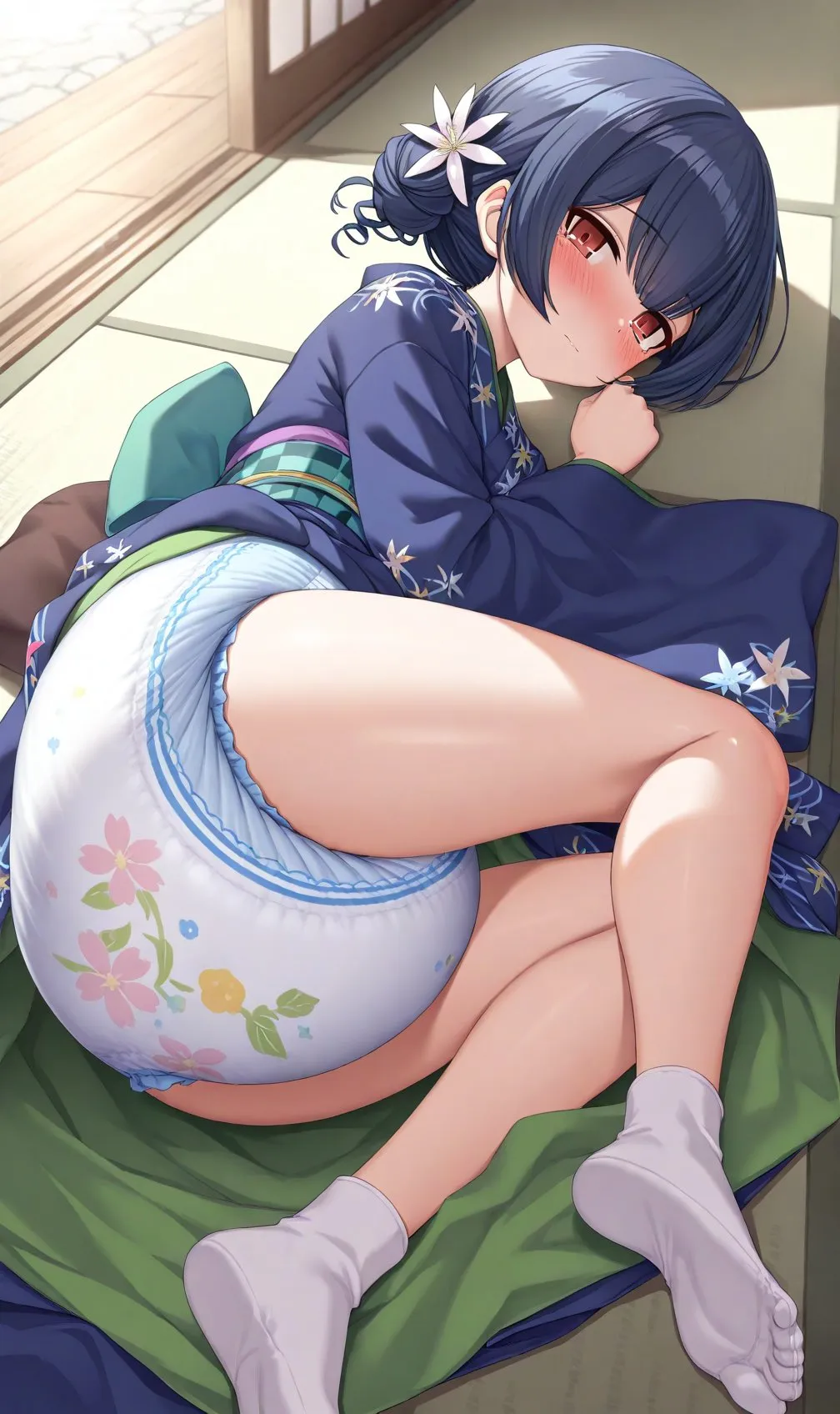 A Japanese girl wearing a diaper filled with urine