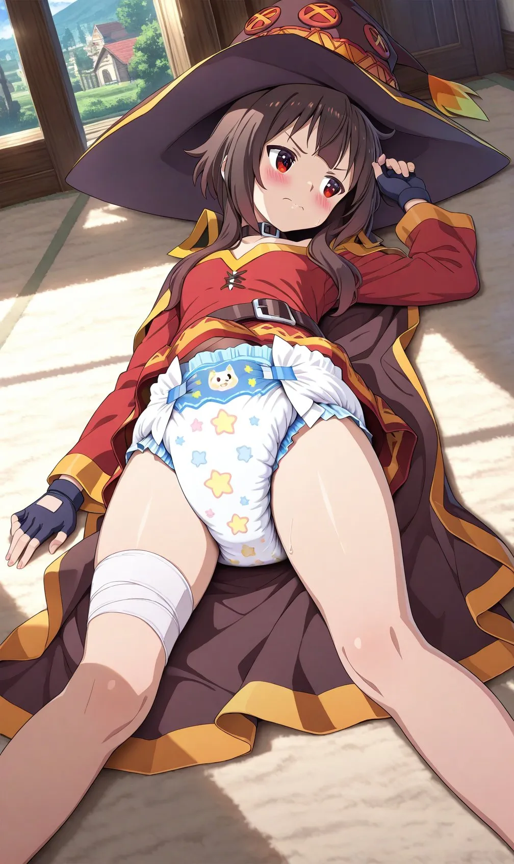 The magical girl is wearing diapers and feeling embarrassed.