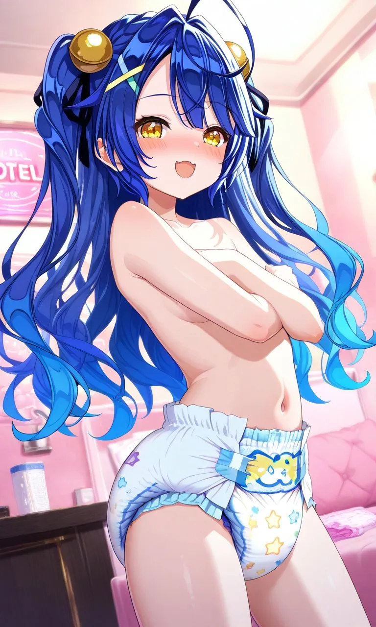 The blue-haired girl is wearing a diaper.
