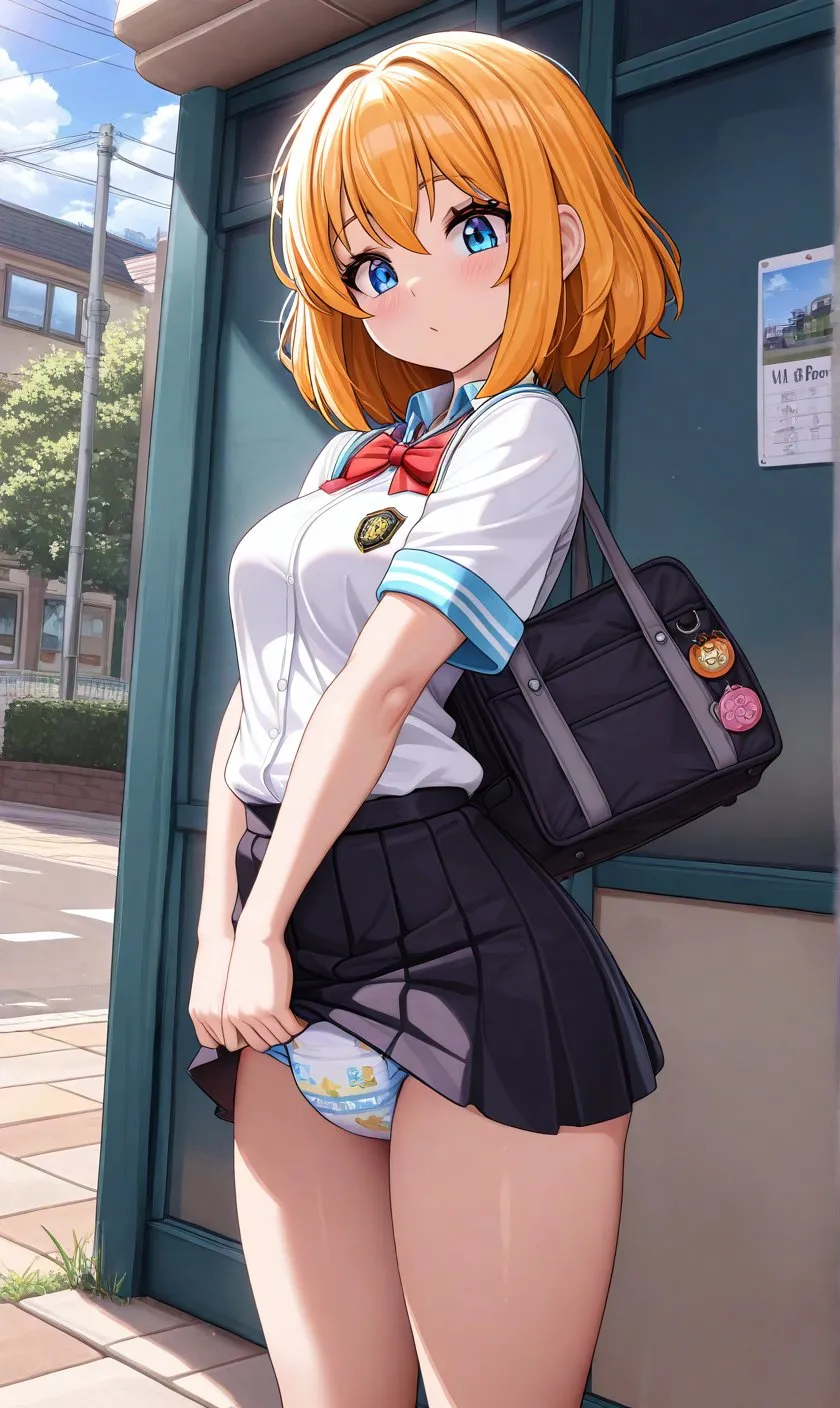 A girl lifting her skirt at the bus stop to show her diaper