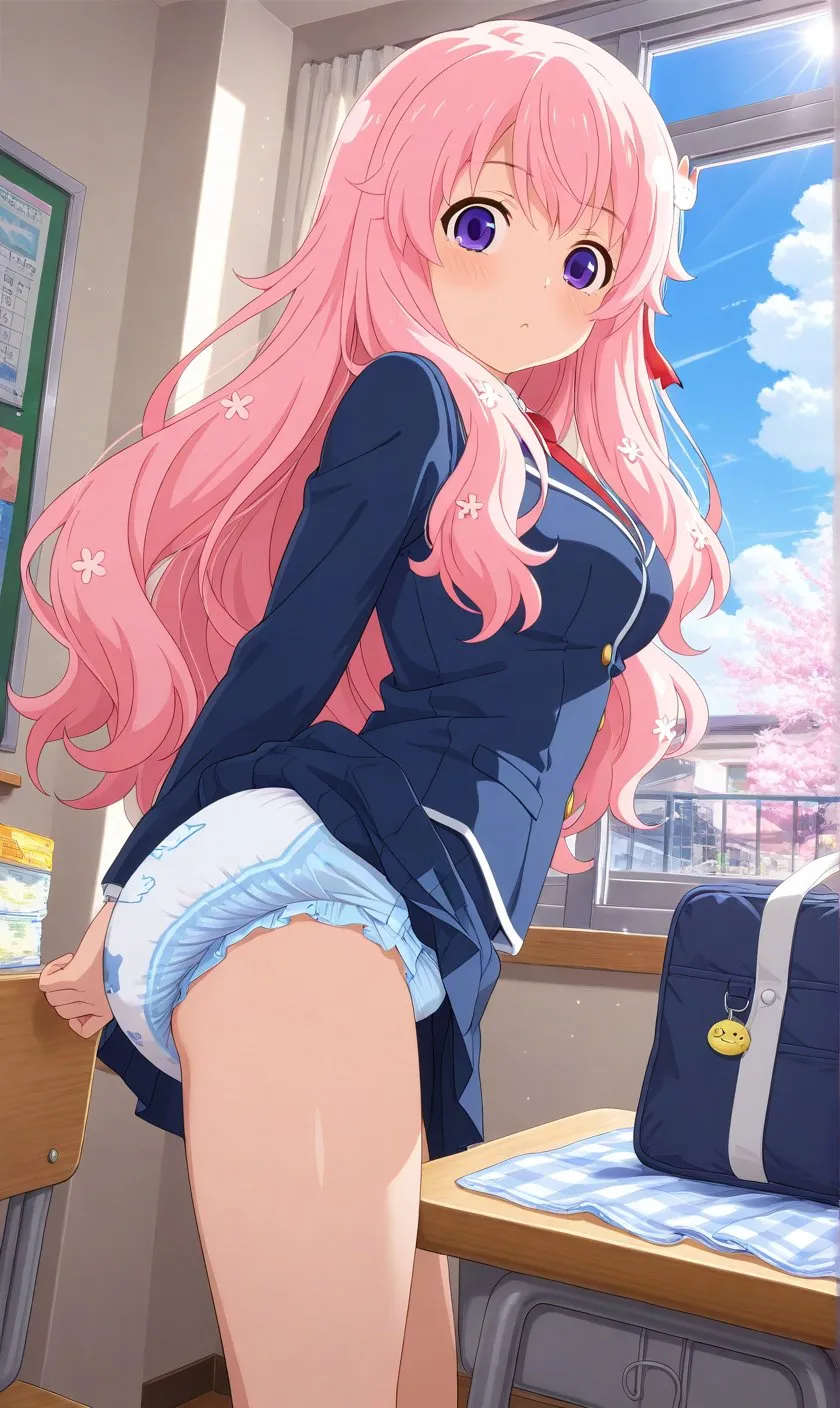 The pink-haired girl is wearing a diaper that makes her bottom look plump.