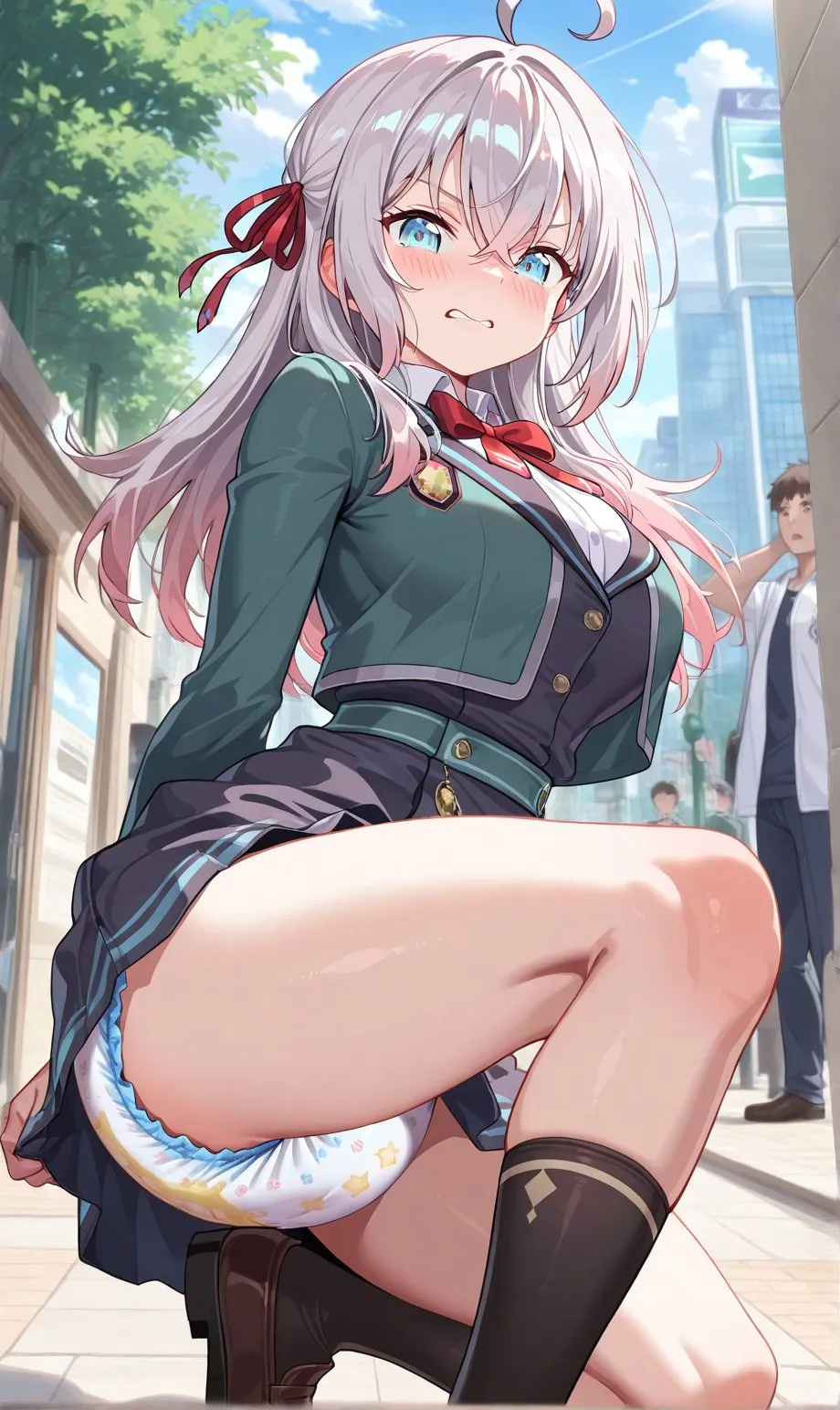 A girl embarrassed because her diaper is visible through her skirt while outdoors