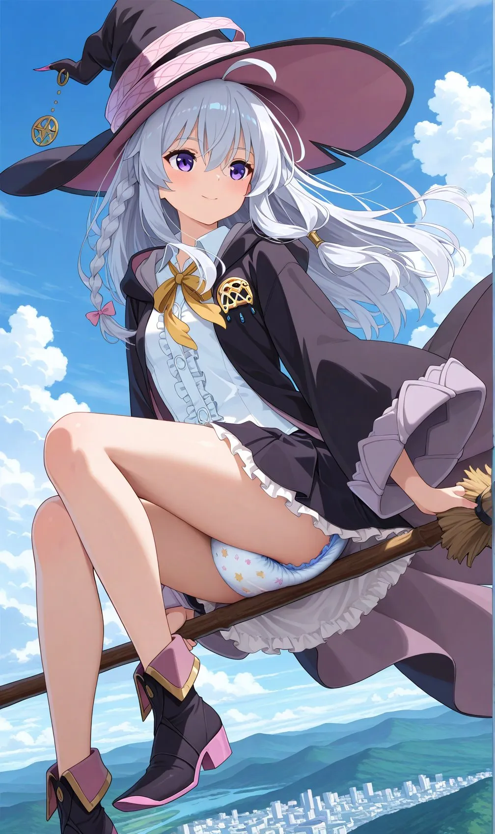 A magical girl wears diapers and flies on a wand.