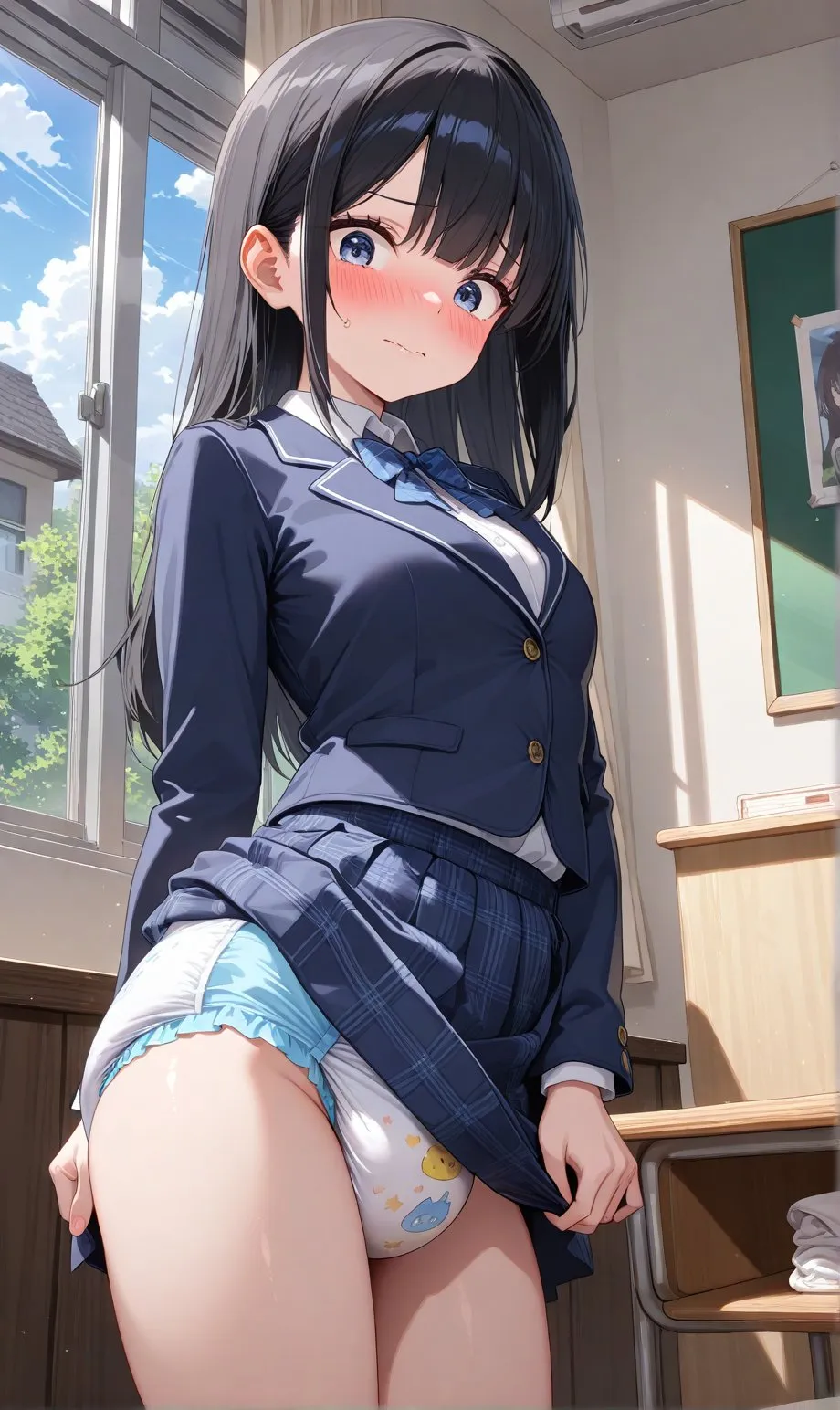 A girl showing her diaper through her school uniform skirt