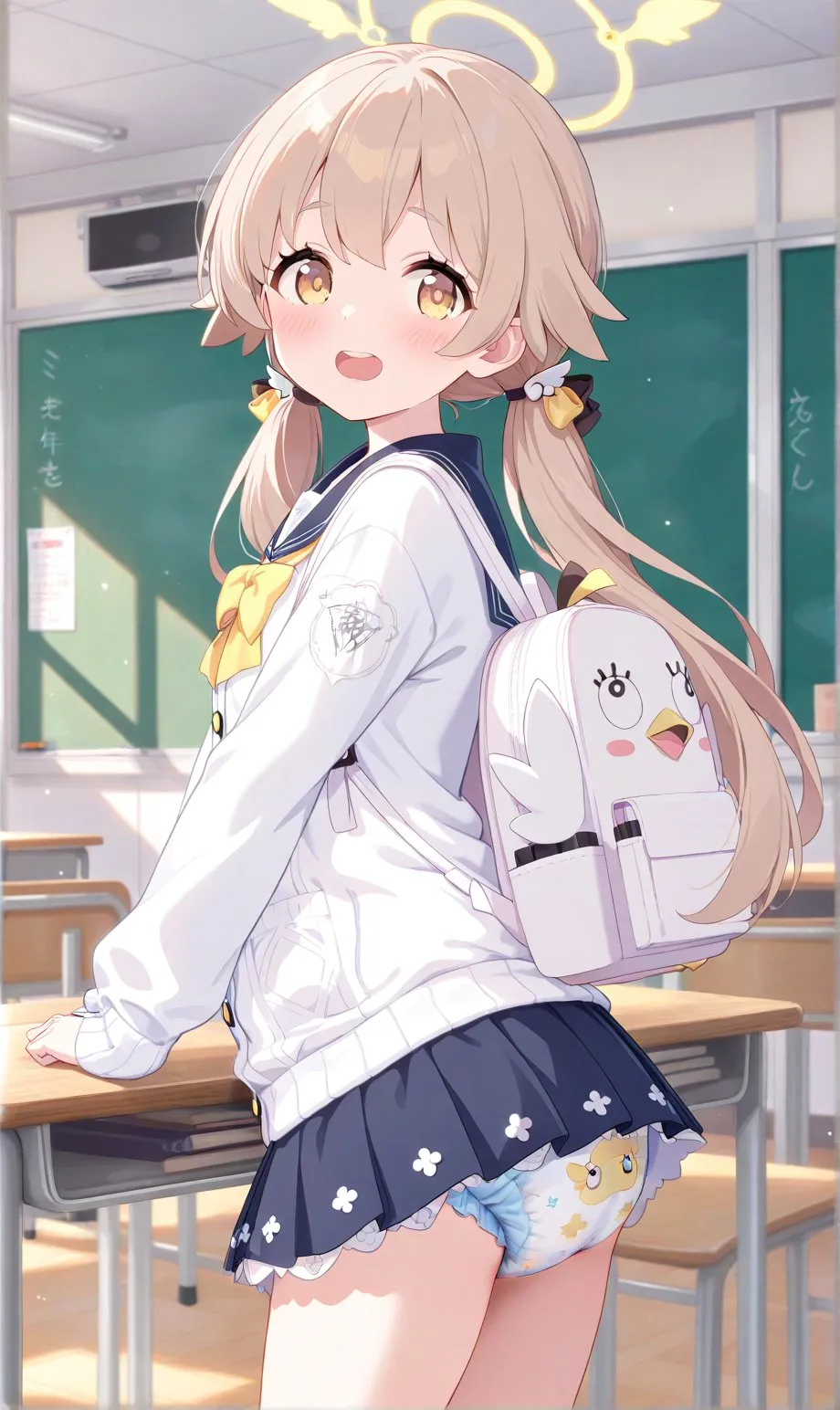 The skirt is so short that the diaper is completely visible.