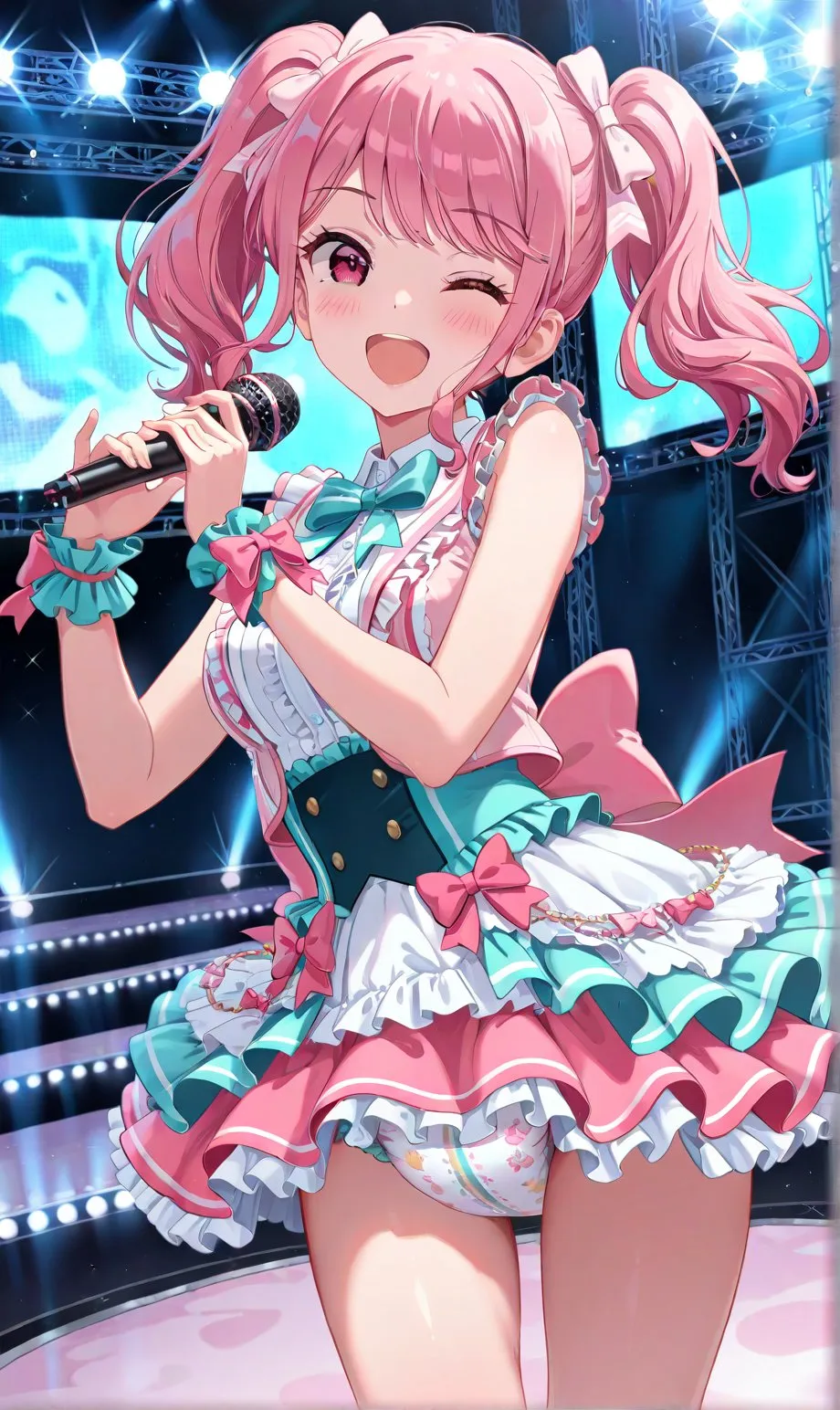 A diaper is visible beneath the skirt of the girl singer.