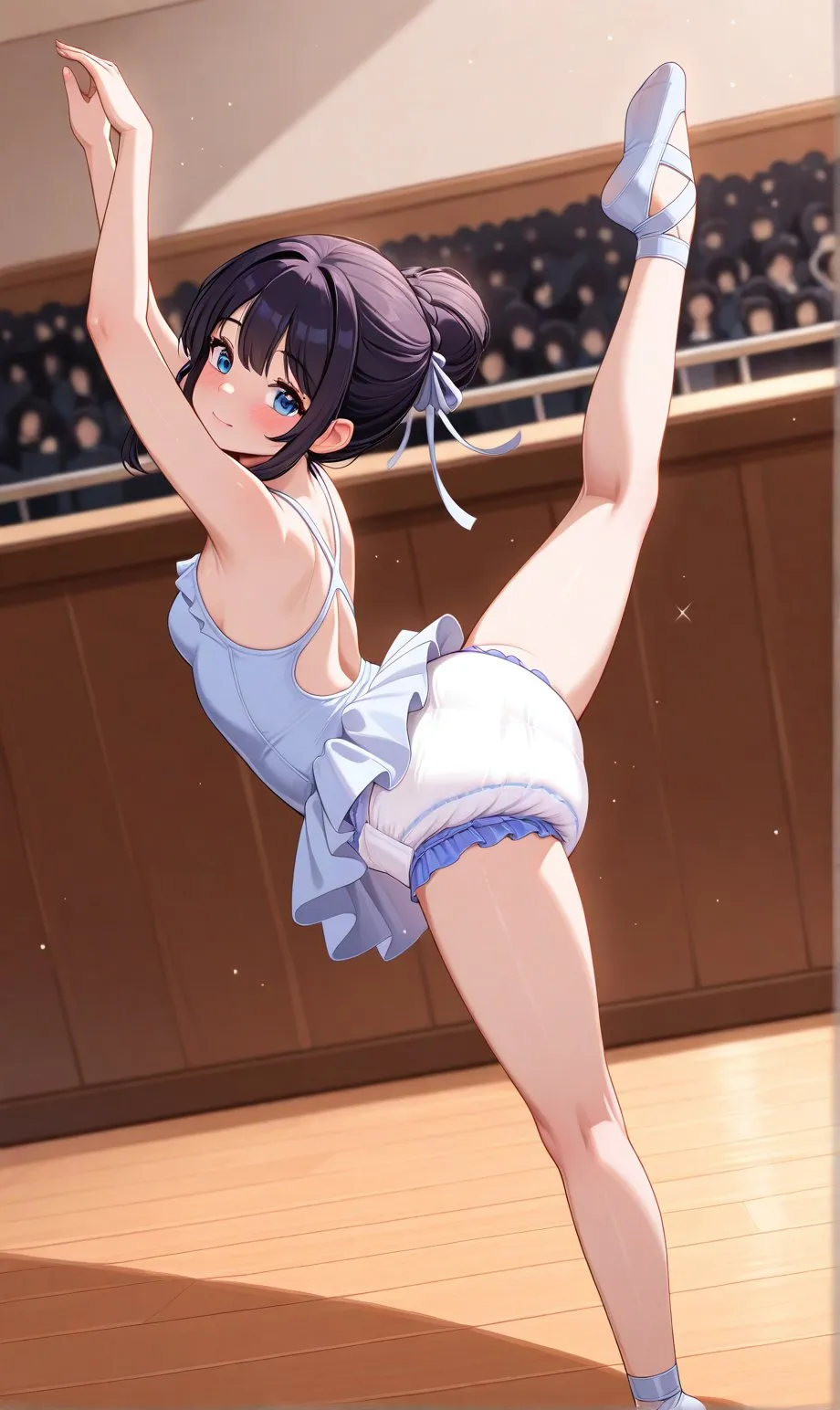 A girl wearing diapers and doing ballet