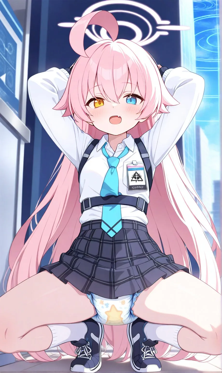 Hoshino showing off diapers outdoors