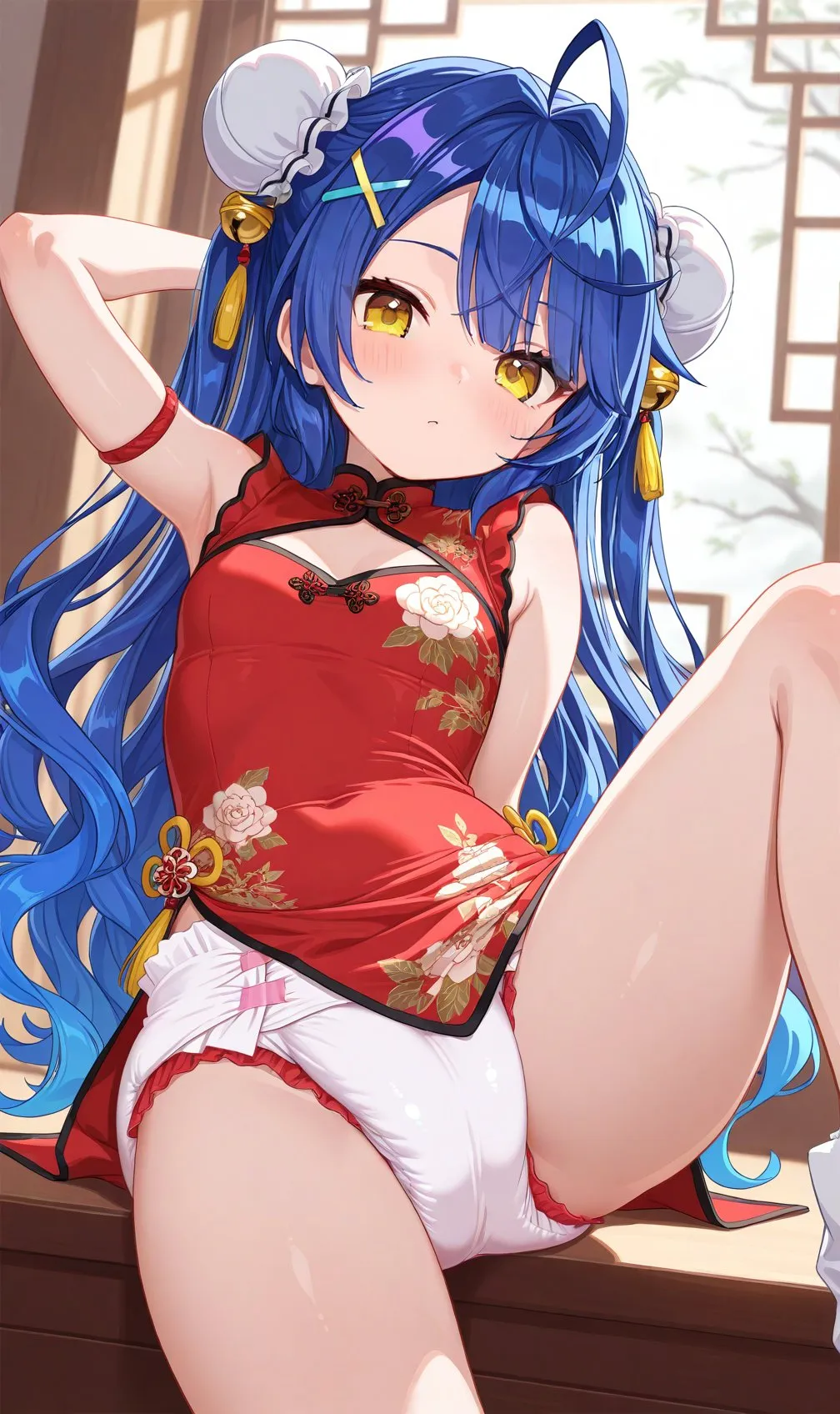 A blue-haired Chinese girl is wearing a diaper.