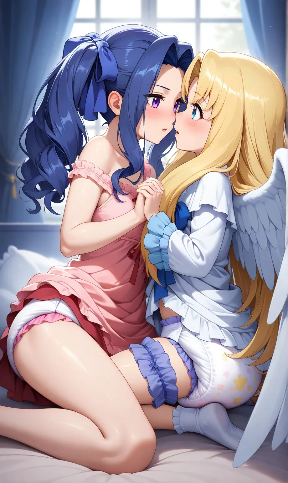 The angel girl and the girl are wearing diapers and doing lesbian stuff.