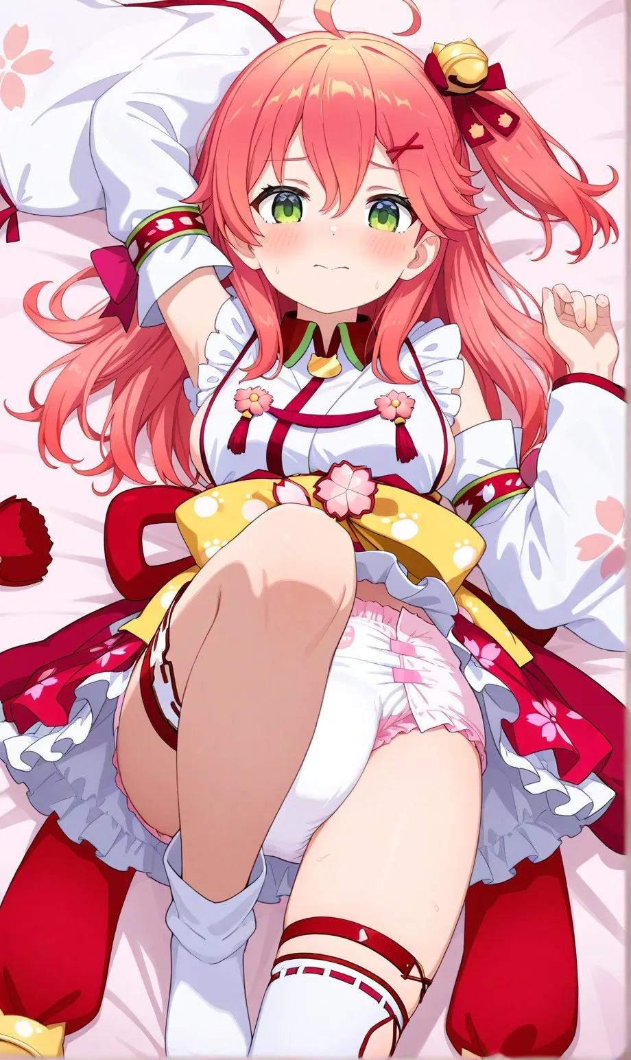 The red-haired girl is wearing a diaper and exposing her armpits.