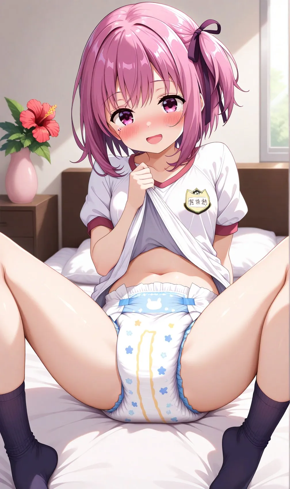 The pink-haired girl is wearing a diaper and feeling satisfied.