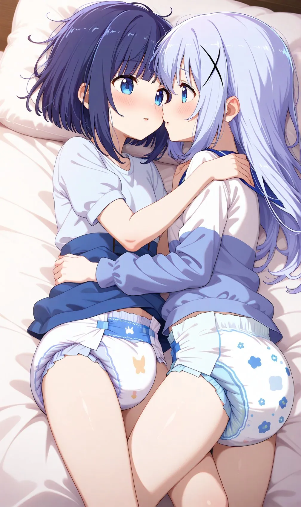 Two blue-haired girls are wearing diapers and engaging in lesbian sex.