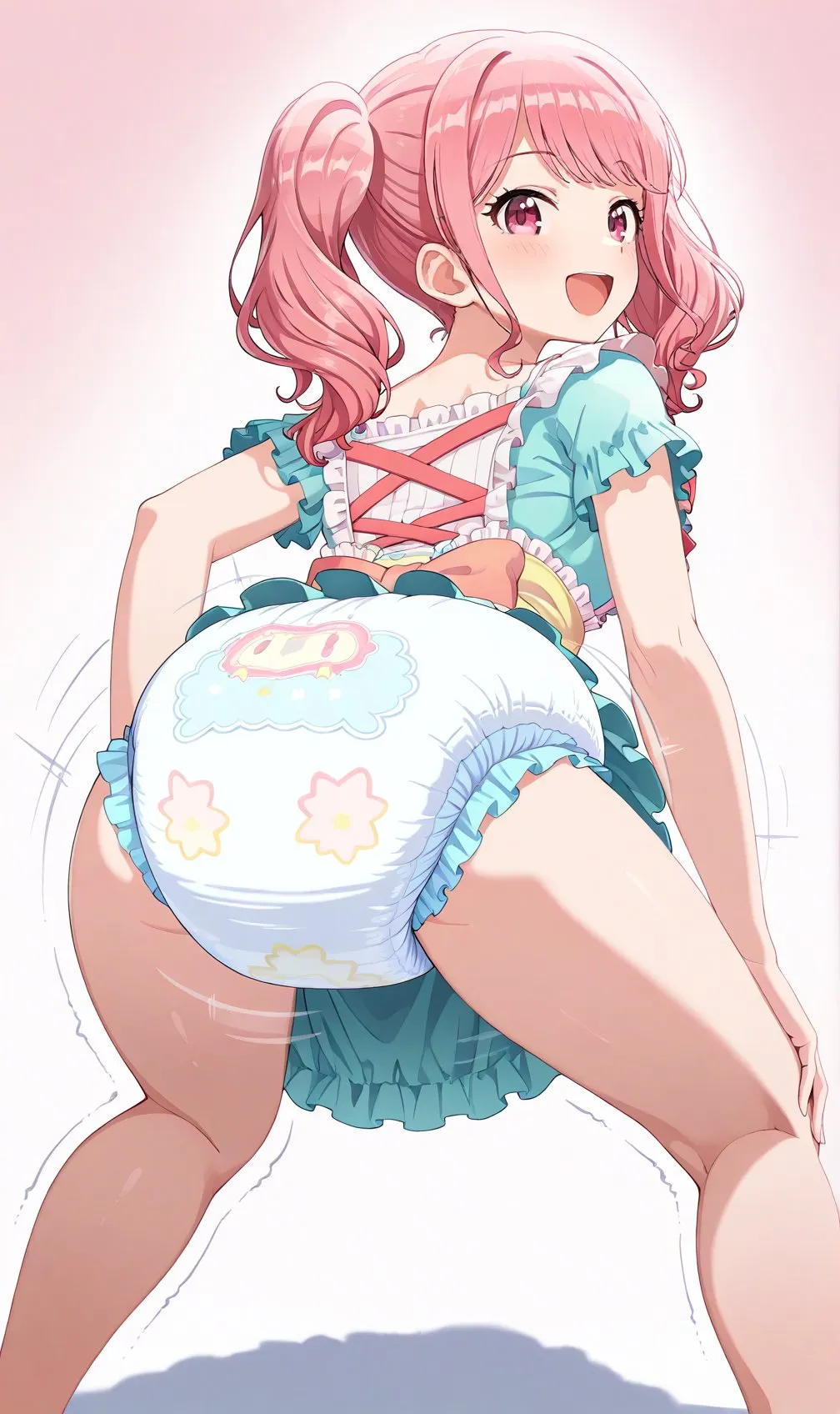 A pink-haired girl is wearing diapers and twerking.