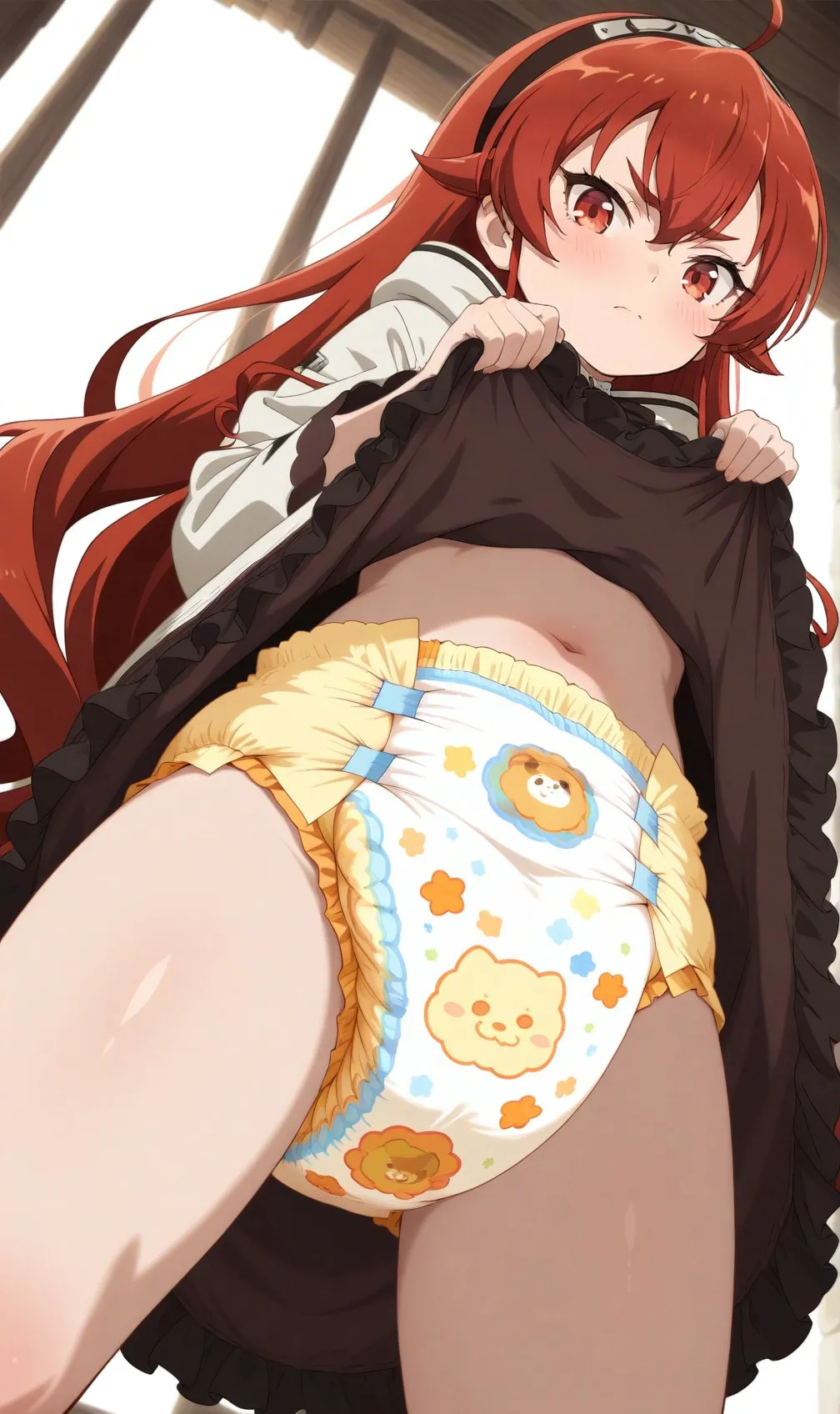 The red-haired girl shows a yellow diaper.