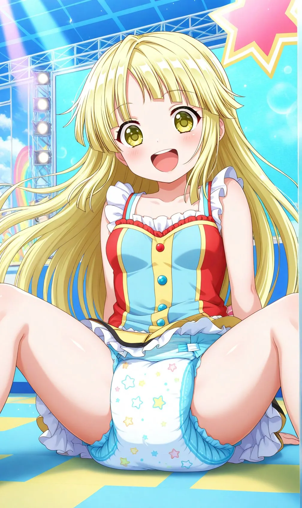 A blonde girl is showing her diaper on stage.