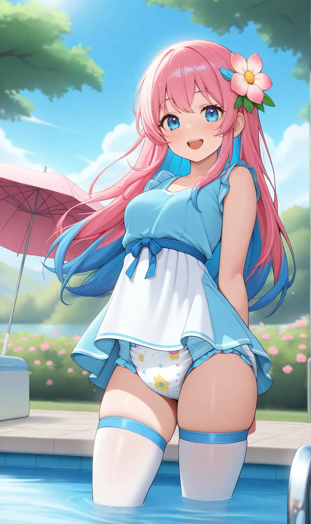 A little girl wearing white stockings, dipping her feet into the pool while wearing a diaper