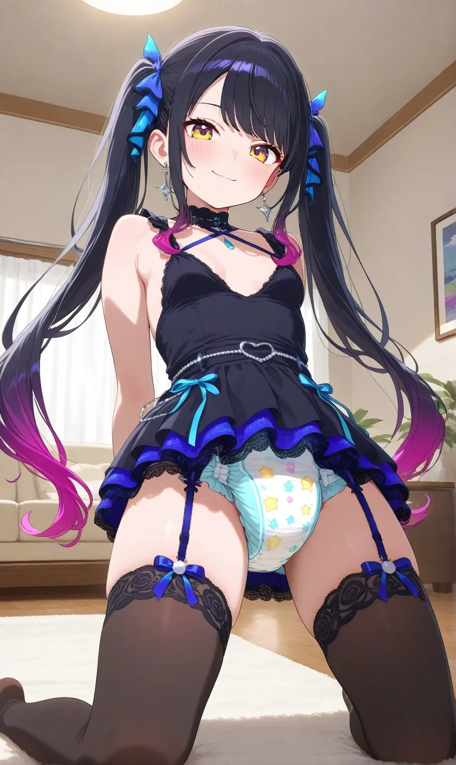 A girl wearing stockings, a garter belt, and a diaper