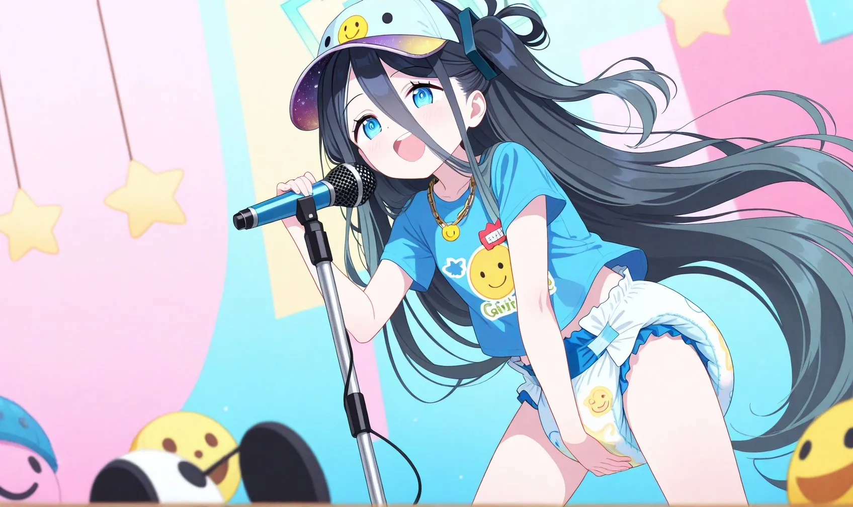 A girl singing while handling diapers