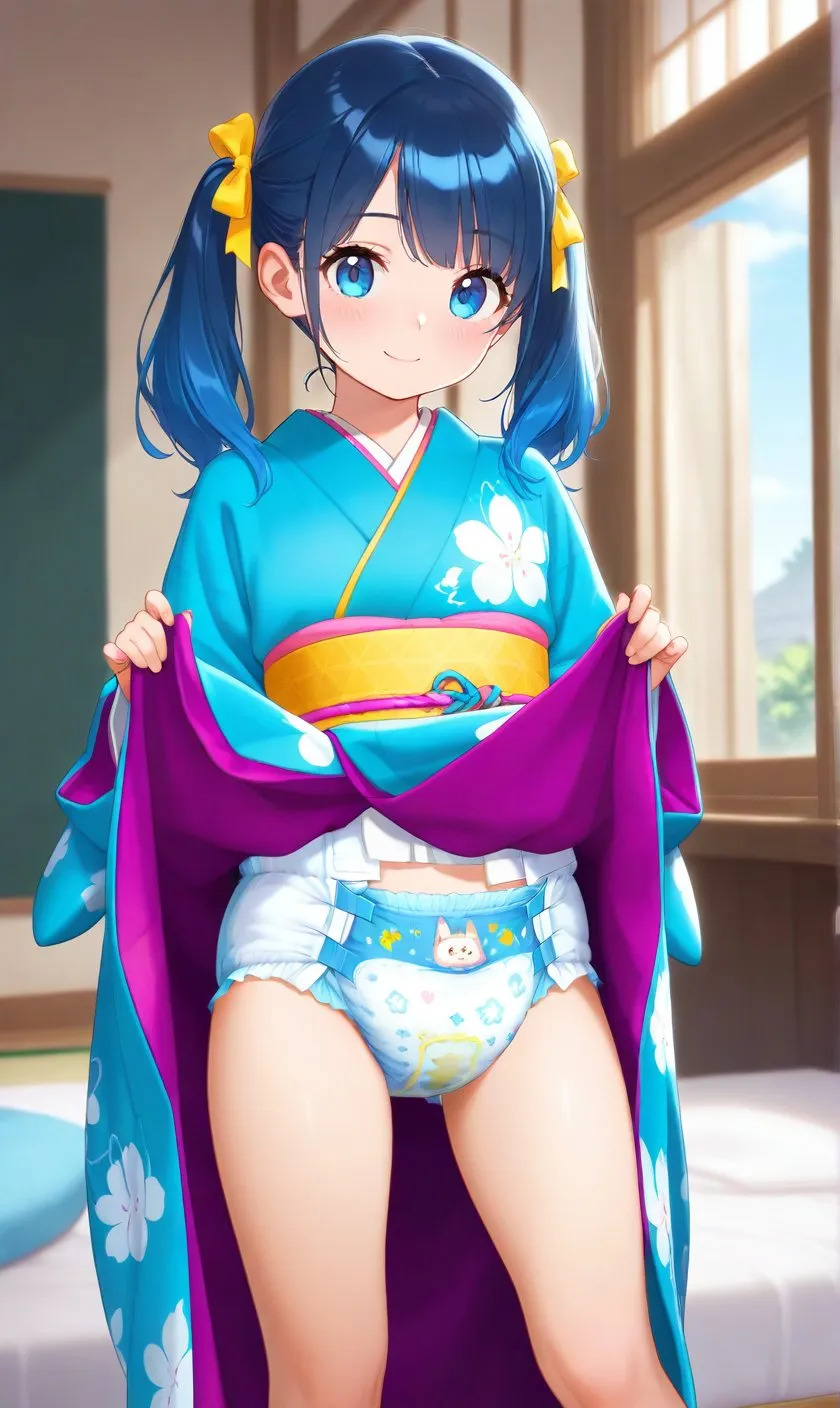 A girl lifting her skirt to show her diaper