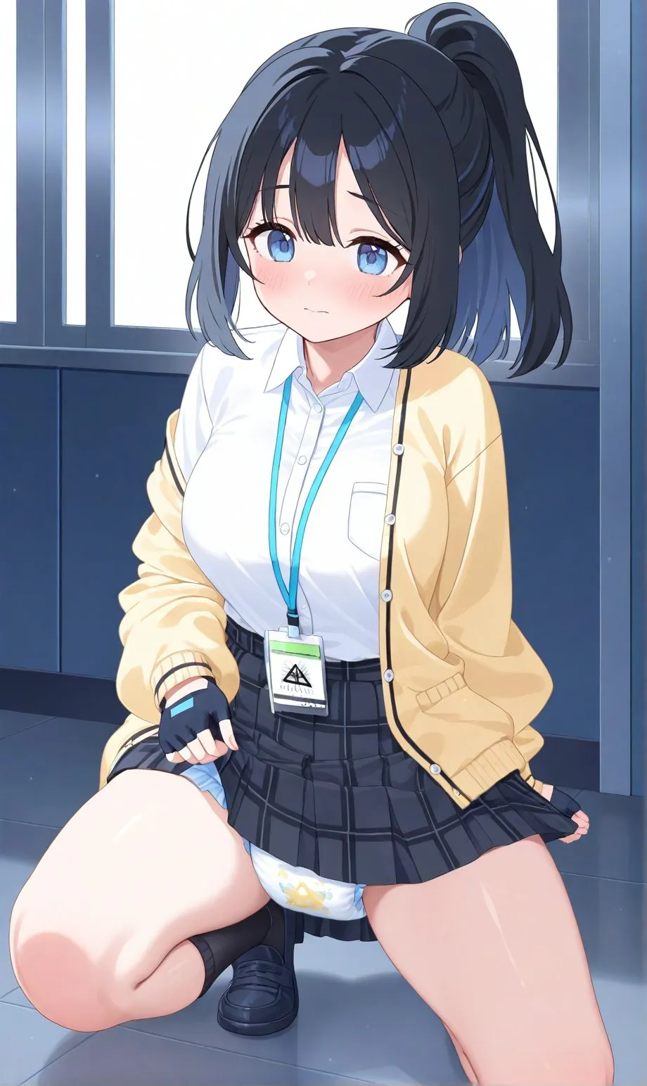 A girl whose diaper is visible under her skirt at work