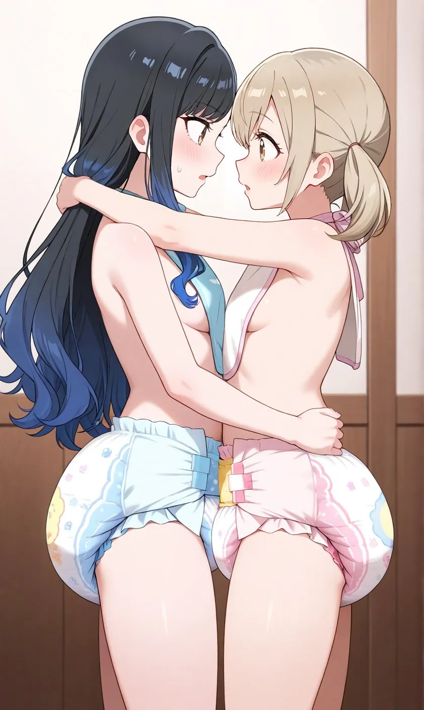 Two girls wearing diapers engage in lesbian sex.