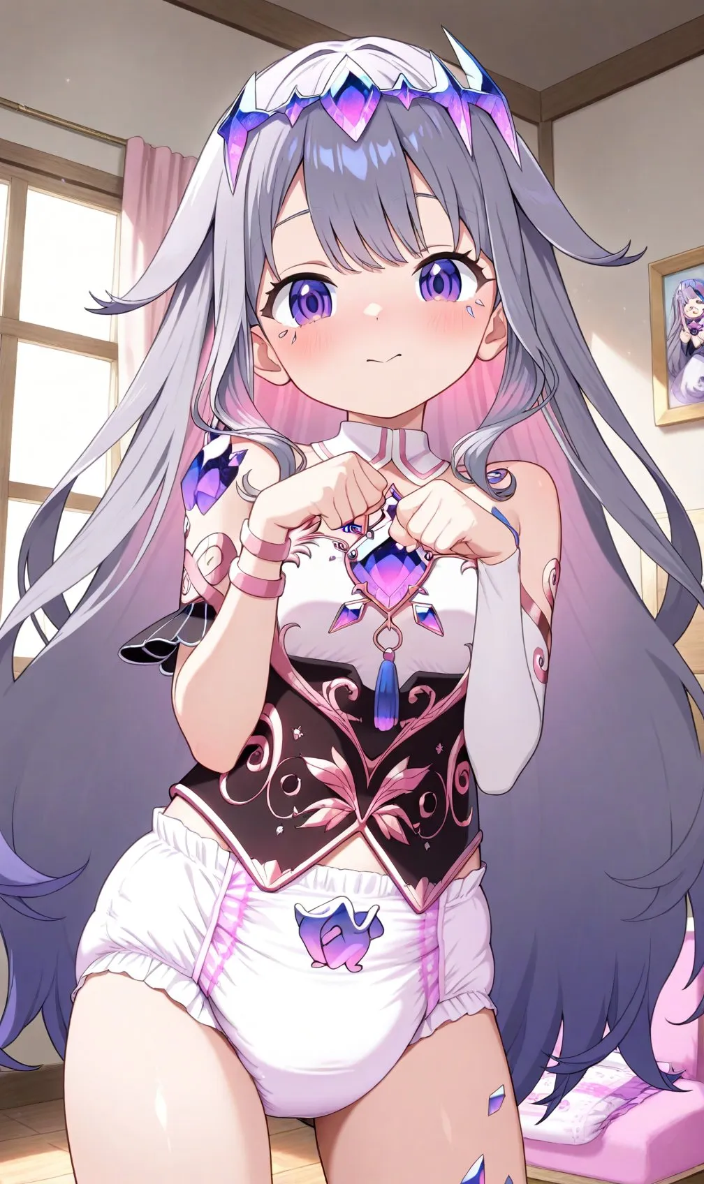 The silver-haired girl wearing a diaper