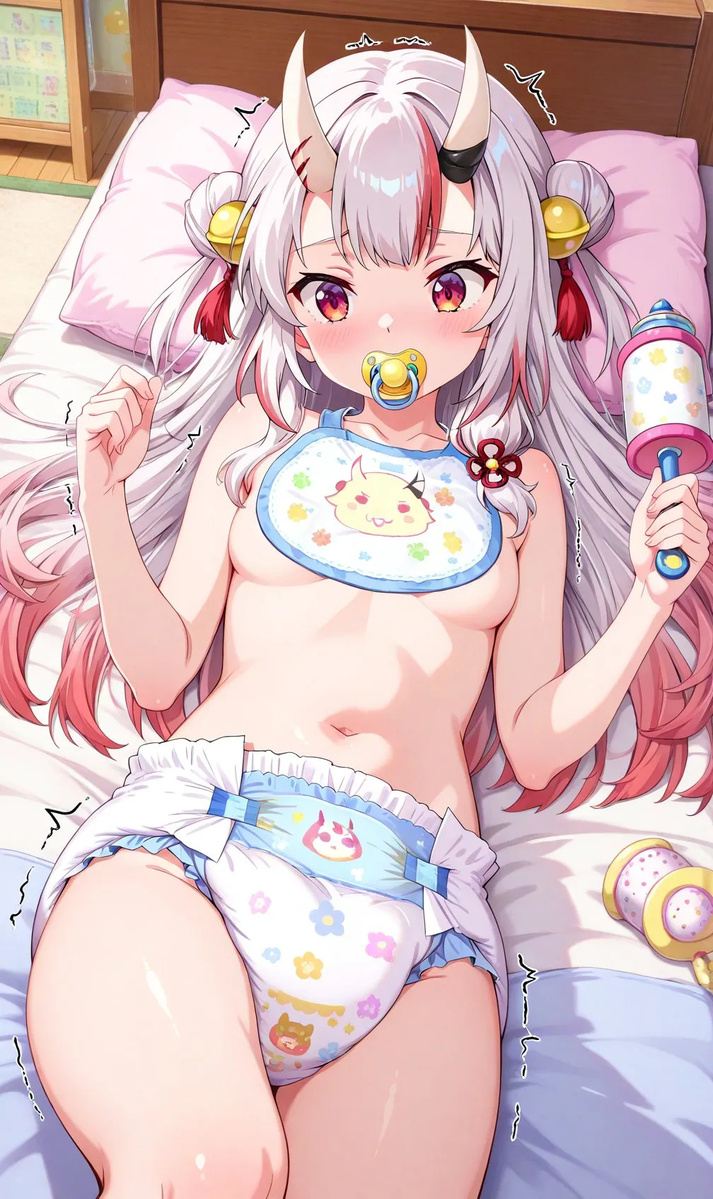 The girl holds a rattle and feels the diaper on her lower body, tingling.