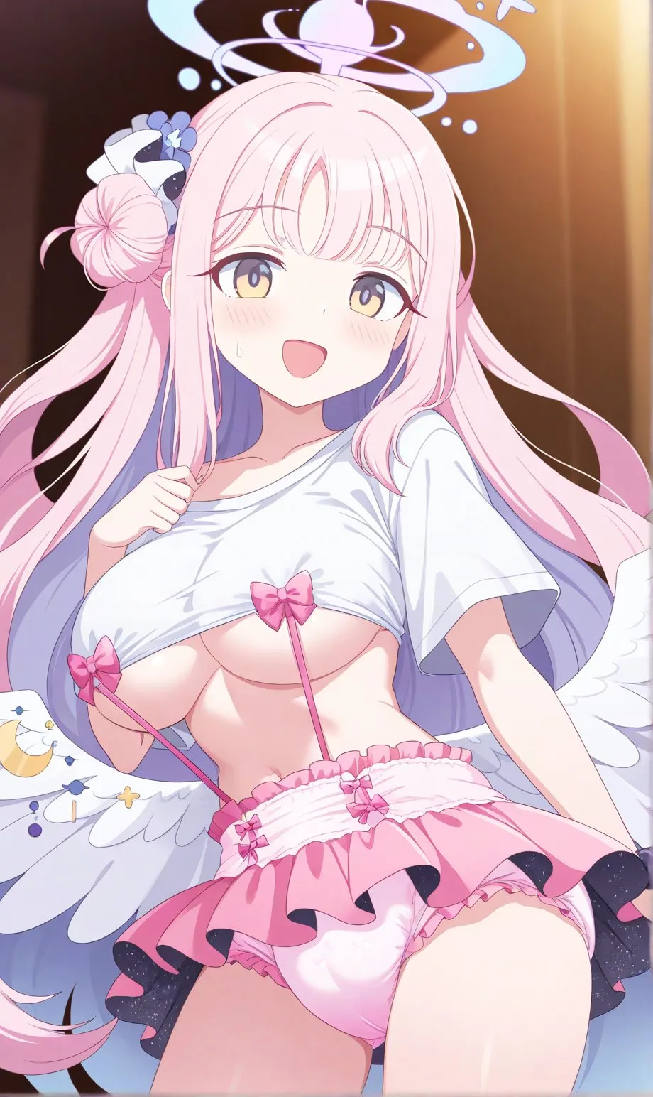 A diaper is visible beneath the short skirt.