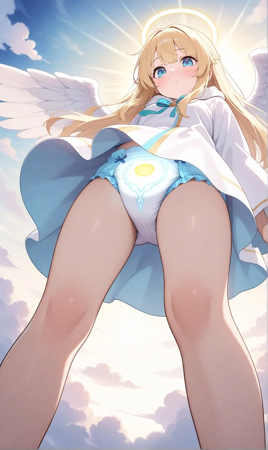 The angelic girl is showing off her diaper.