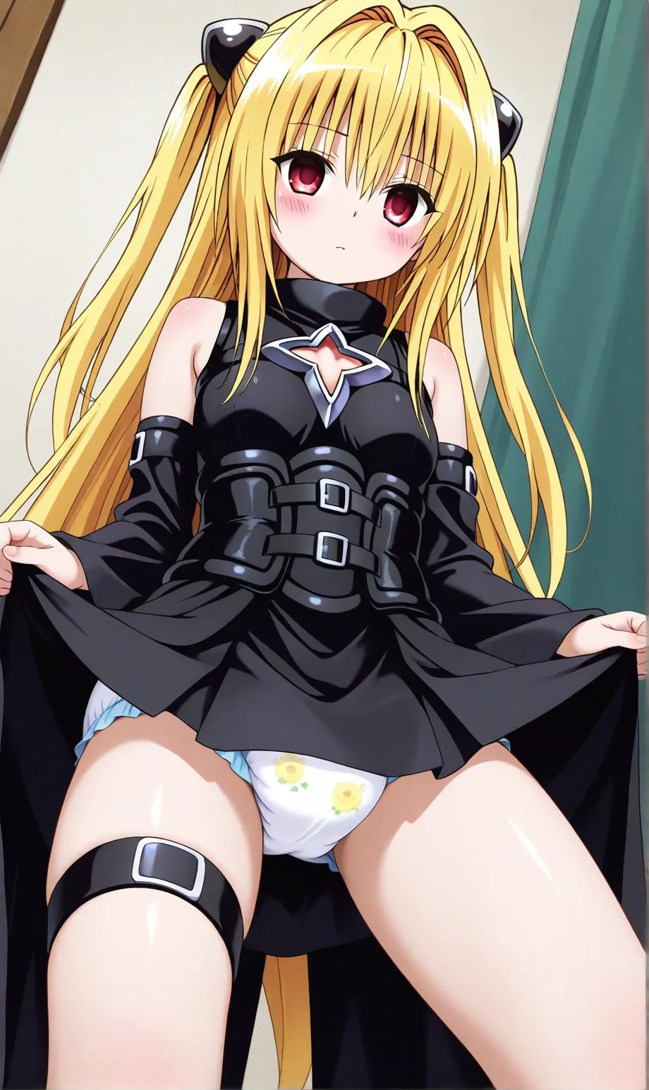 Lifting the black skirt reveals the girl's diaper.