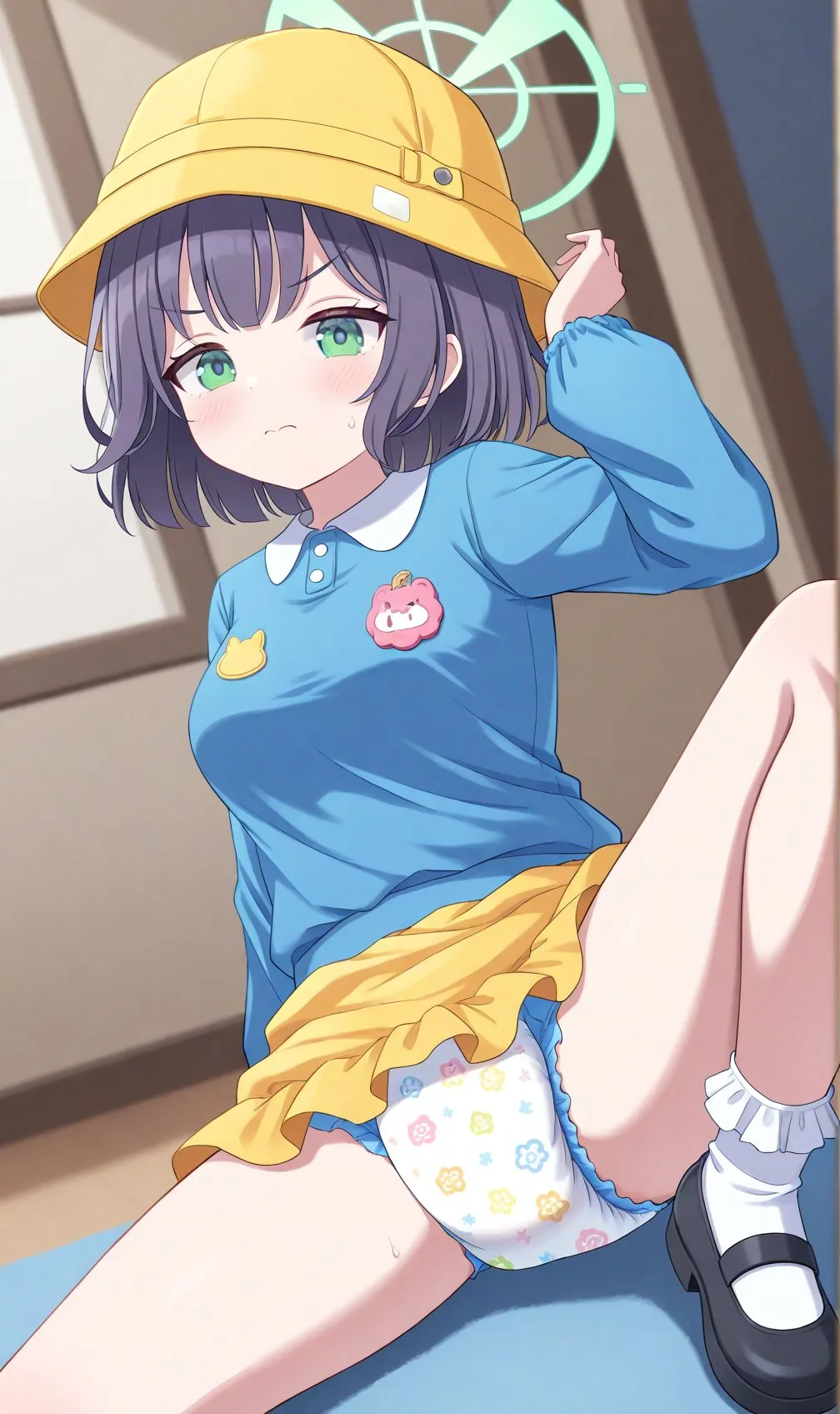 A girl wearing a kindergarten uniform is exposing her diaper.