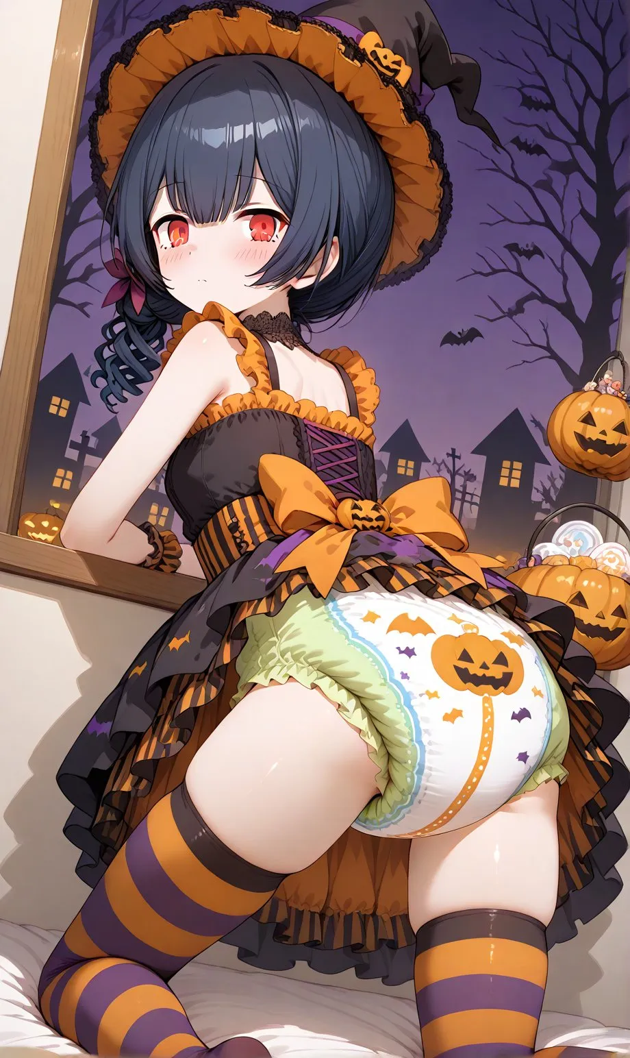 A diapered girl dressed in a Halloween costume