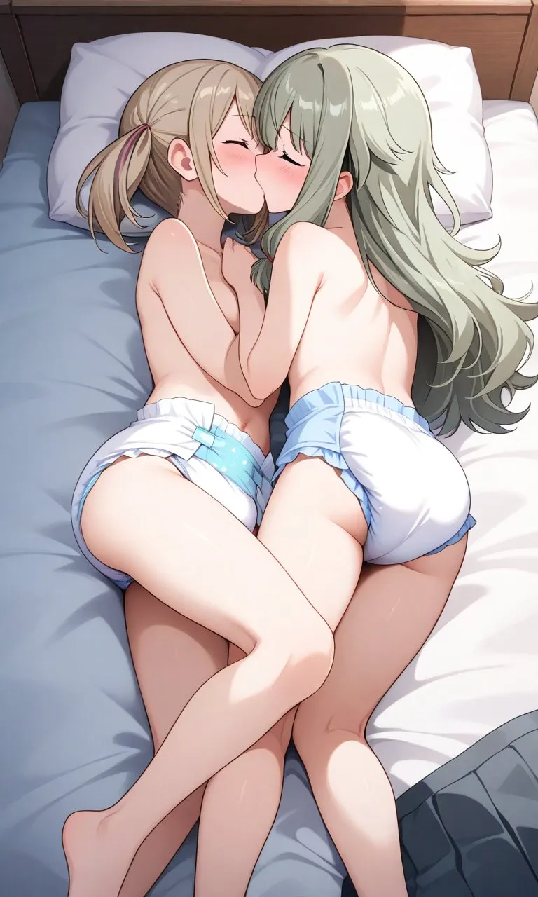 Two girls wearing diapers and engaging in lesbian acts