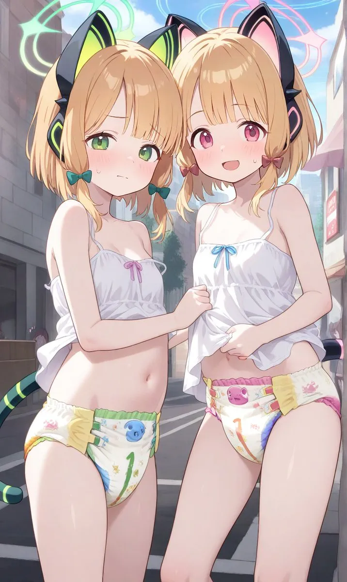 Two girls wearing tank tops and diapers outdoors