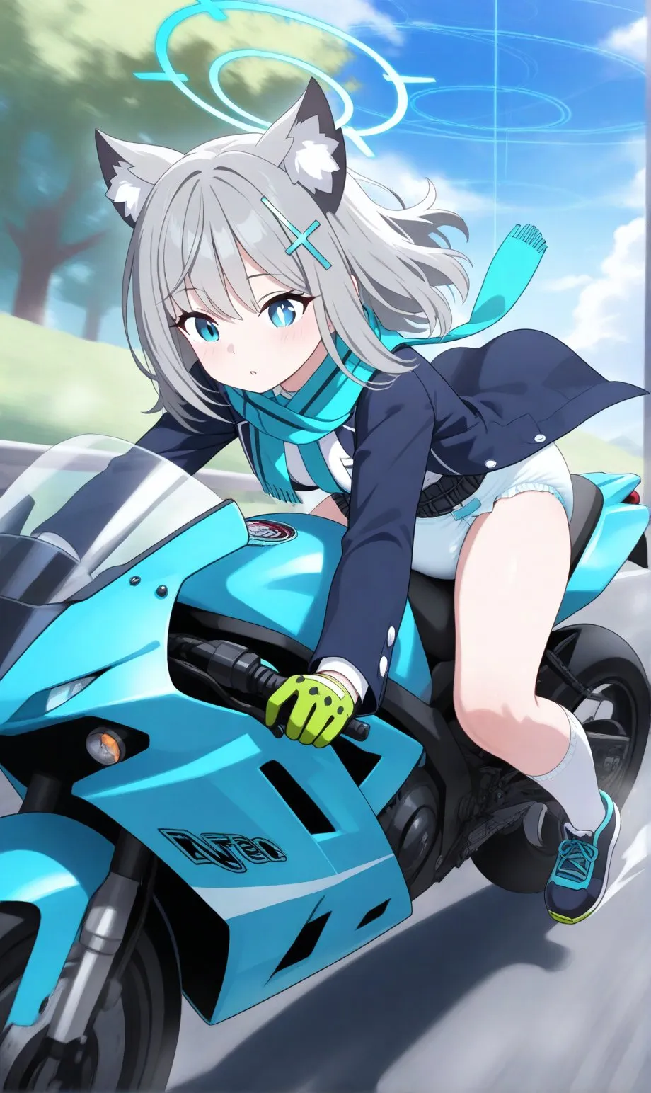A girl wearing diapers and riding a motorcycle
