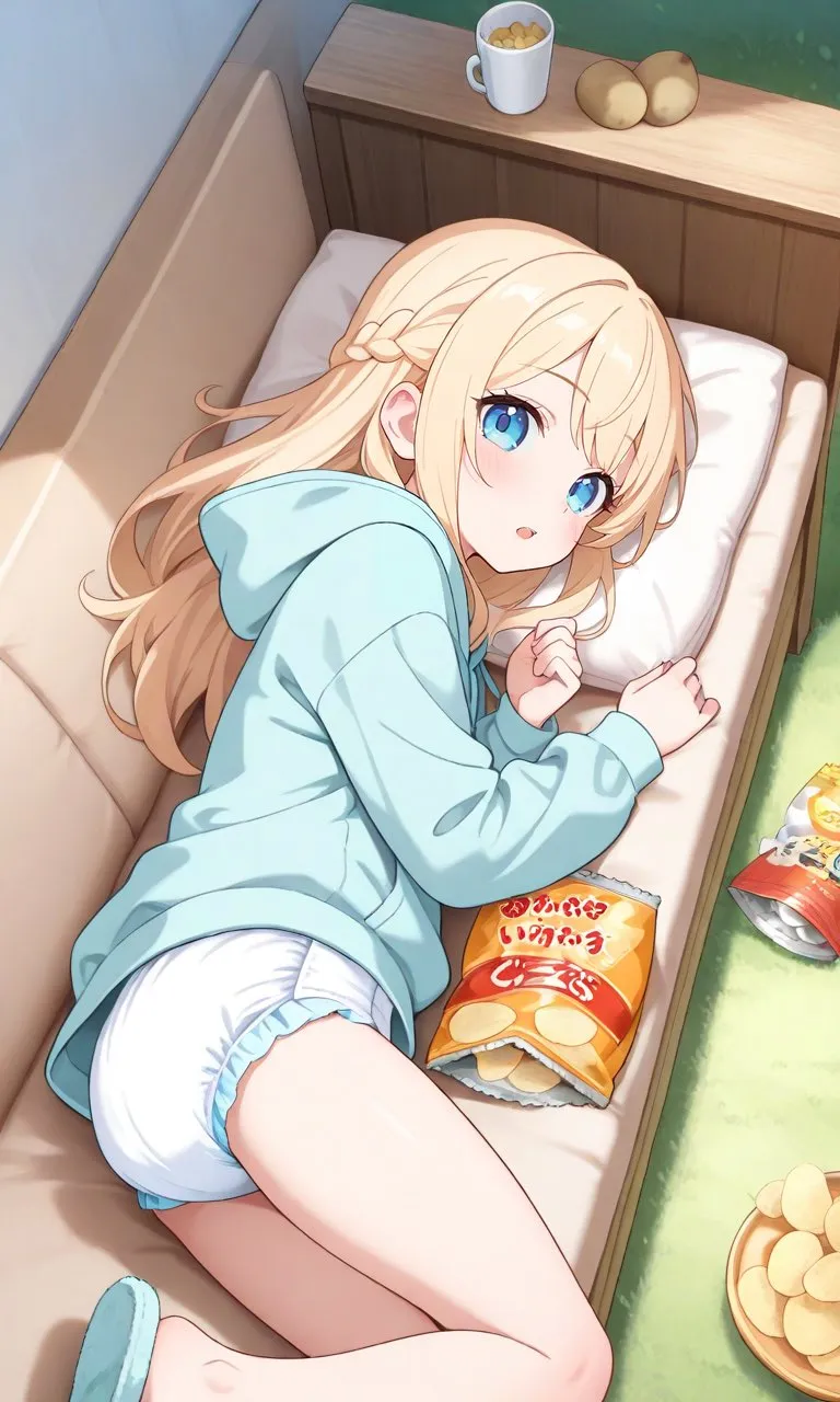 The diapered girl eating potato chips