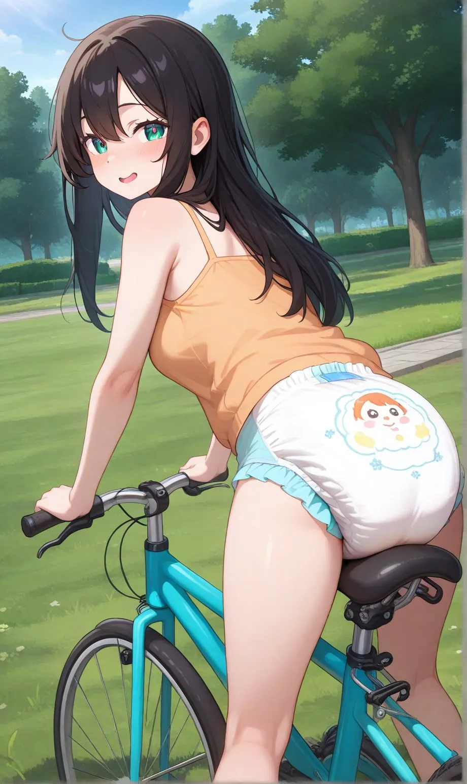 A girl wearing a diaper while riding a bicycle outdoors