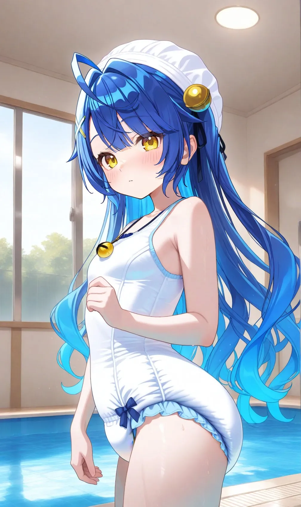 A girl wearing a diaper under her swimsuit