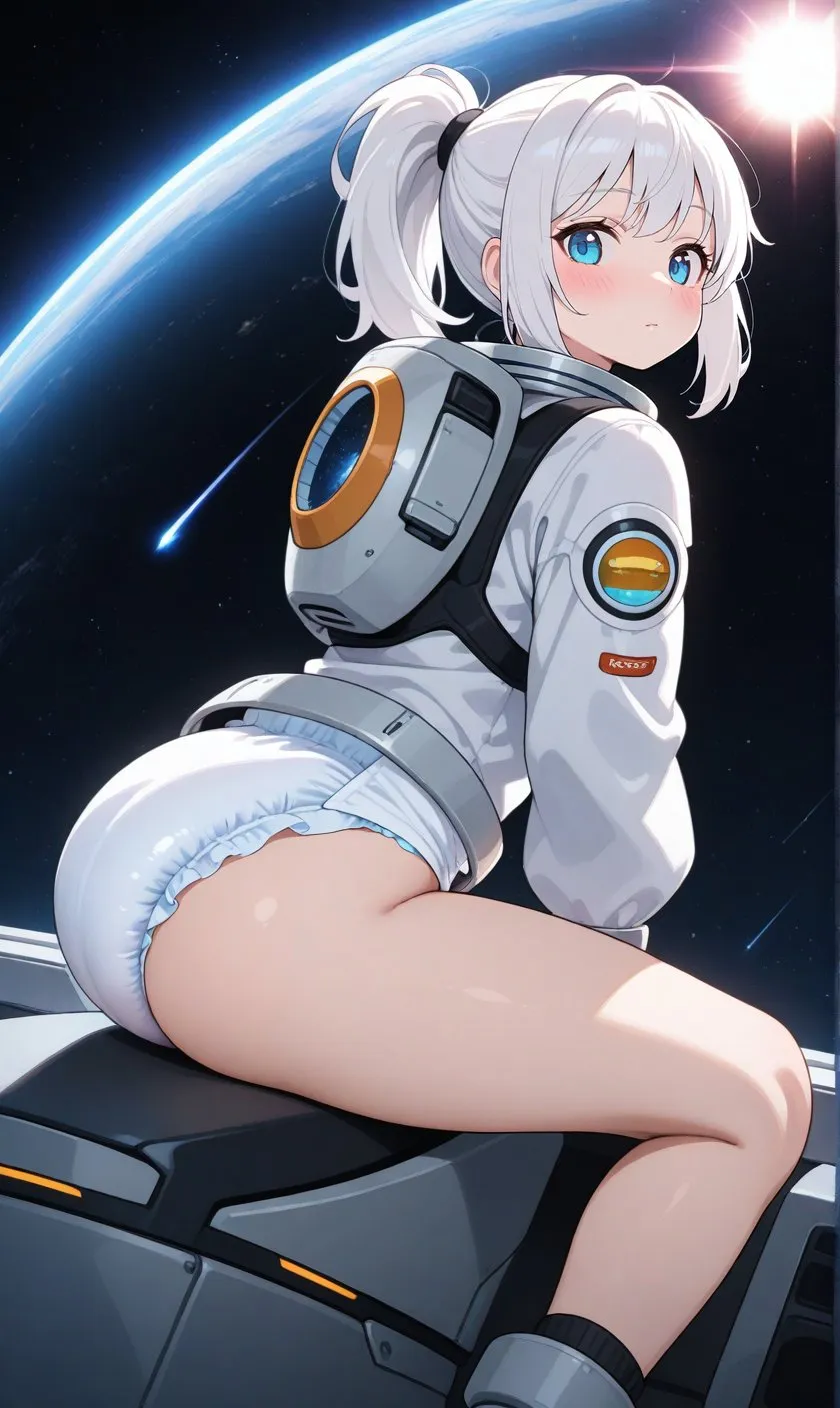 A girl wearing a spacesuit and diapers